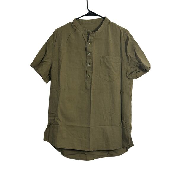 Army Green Large cotton flax 1/2 button up shirt natural classic basic - Picture 1 of 6